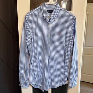 RALPH LAUREN Classic Blue Gingham Check 100% Cotton Button-Down Shirt Medium